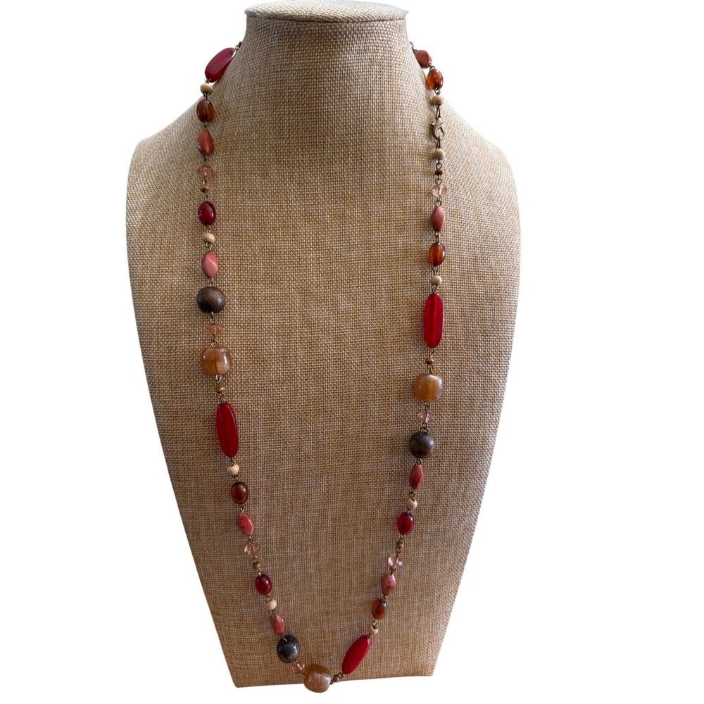 Long Beaded Station Necklace Red Brown Amber Multi Shape Boho Layering